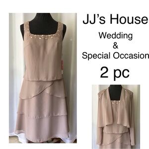 JJ’s House Special Occasion Dress With Built In Bra & Bolero Taupe Size 10